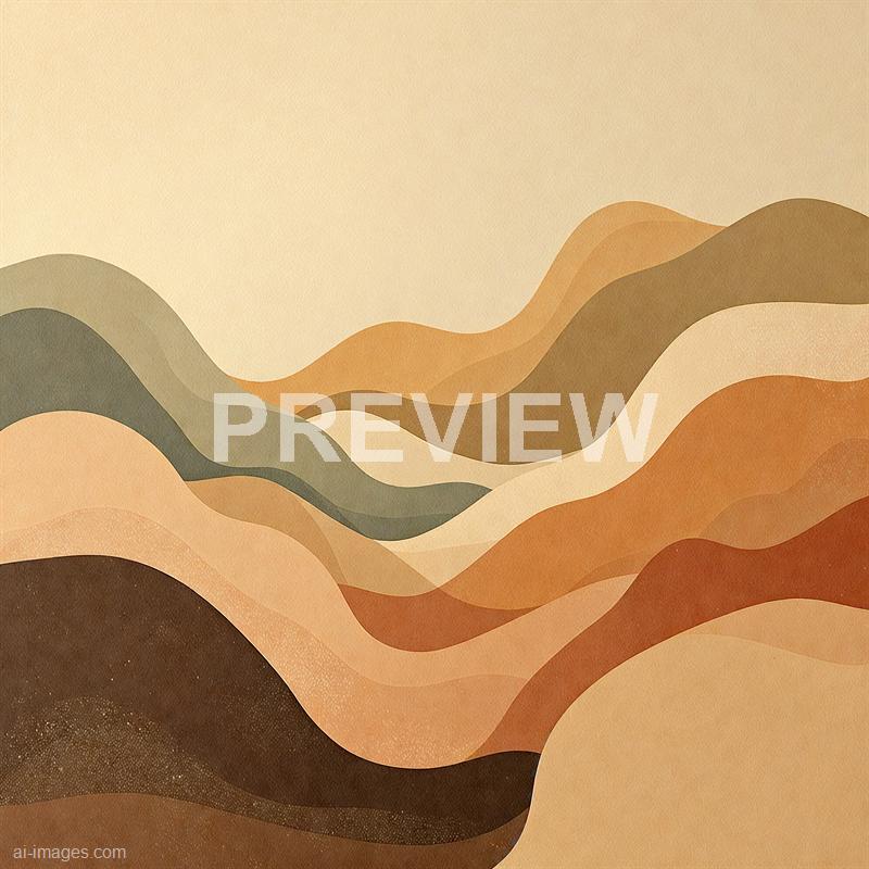 The image features an abstract representation of rolling hills or mountains, with layered, curving shapes in various earthy tones such as beige, orange, brown, and muted green. The background is a solid, light beige color, creating a minimalistic and stylized landscape scene with a textured appearance that resembles watercolor or digital painting techniques. There are no distinct objects or figures, emphasizing the abstract and artistic nature of the illustration.